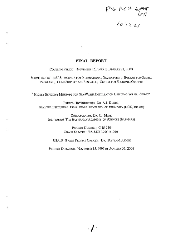 Final report covering period November 15, 1995 to January 31, 2000 : highly efficient methods for sea-water distillation utilizing solar energy