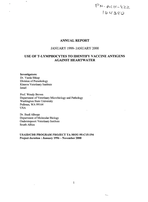 Annual report, January 1999-January 2000 : use of T-lymphocytes to identify vaccine antigens against heartwater