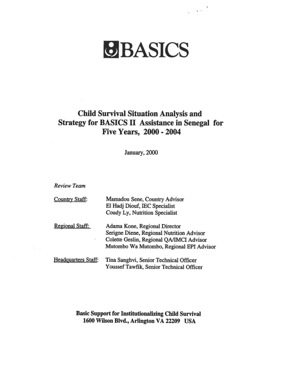 Child survival situation analysis and strategy for BASICS II assistance in Senegal for five years, 2000-2004