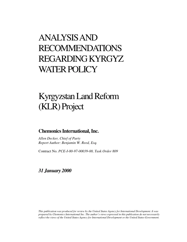 Analysis and recommendations regarding Kyrgyz water policy