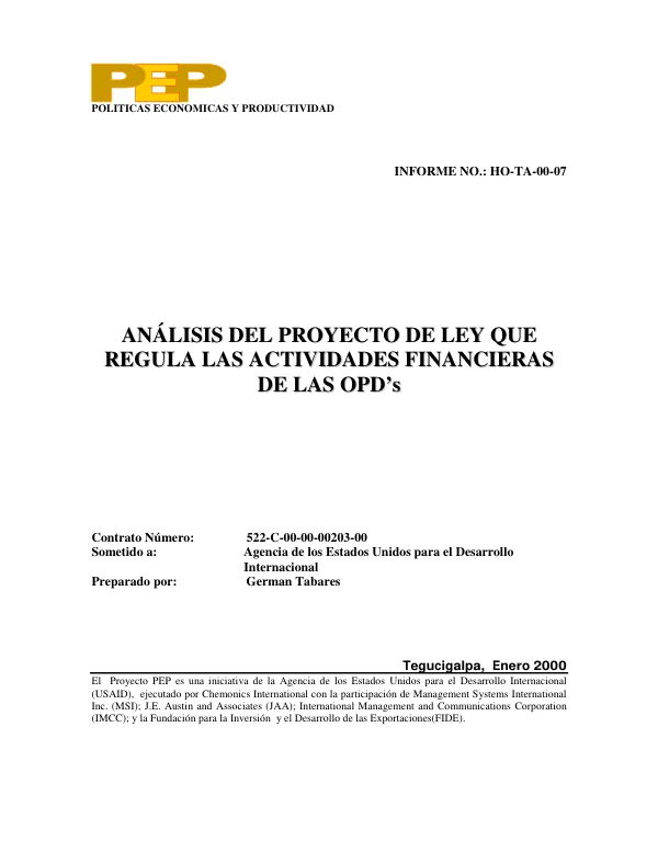 Analisis del proyecto de ley que regula las actividades financieras de las OPD"s [organizationes privadas de desarrollo]