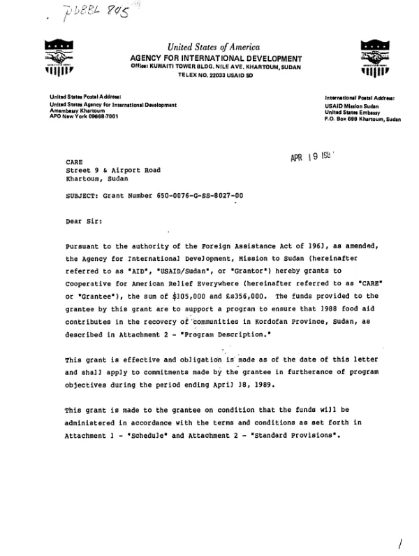 AID grant to Cooperative for American Relief Everywhere (CARE) to support a program to ensure that 1988 food aid contributes in the recovery of communities in Kordofan Province, Sudan