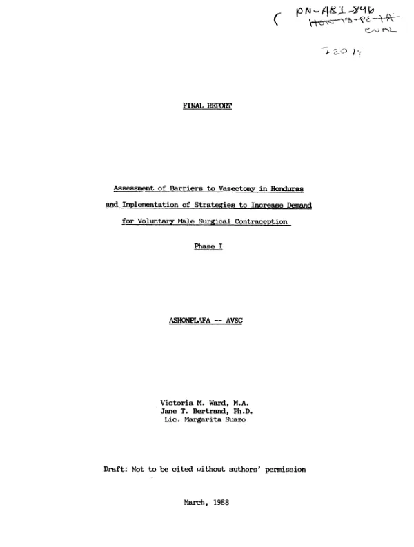 Assessment of barriers to vasectomy in Honduras and implementation of strategies to increase demand for voluntary male surgical contraception, phase I