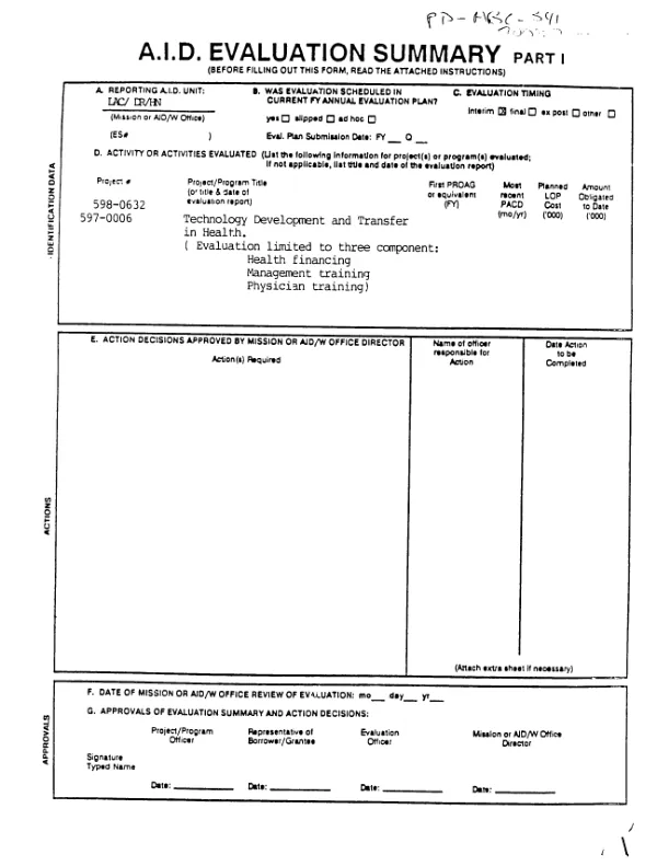 Technology development and transfer in health (evaluation limited to three component [i.e. components] : health financing, management training, and physician training)