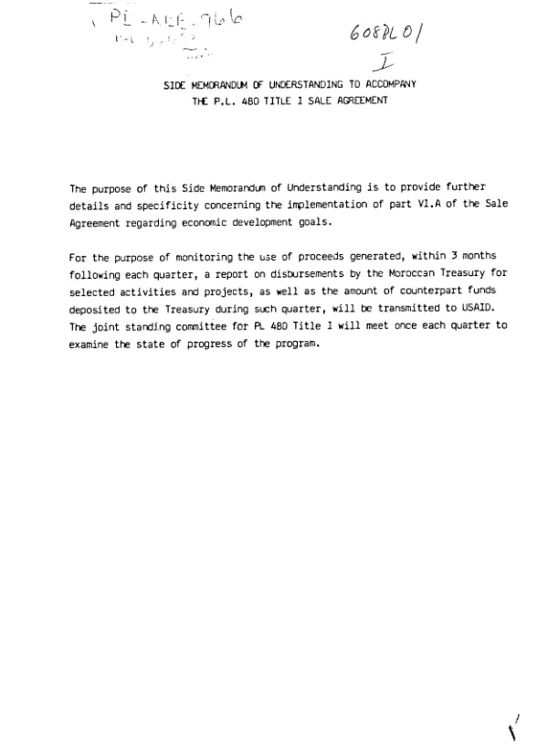 Side memorandum of understanding to accompany the PL-480 Title I sale agreement