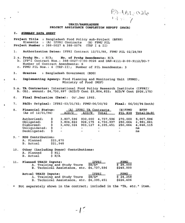 USAID/Bangladesh -- project assistance completion report (PACR)[: Bangladesh food policy sub-project (BFPP)]
