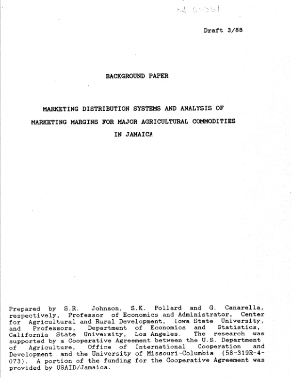 Background paper : marketing distribution systems and analysis of marketing margins for major agricultural commodities in Jamaica