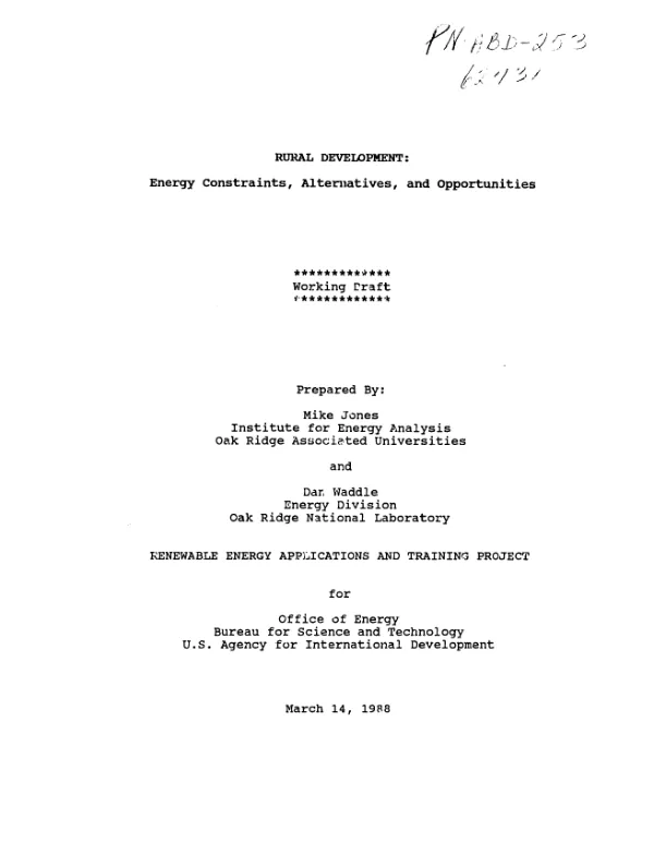 Rural development : energy constraints, alternatives, and opportunities -- working draft