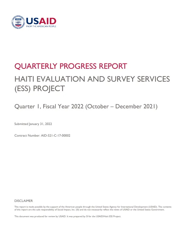 Haiti Evaluation and Survey Services (ESS) Project: Quarterly Progress Report (October – December 2021)