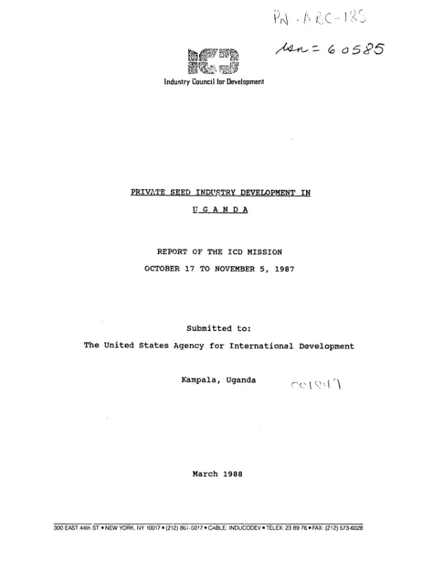 Private seed industry development in Uganda : report of the ICD mission, October 17 to November 5, 1987