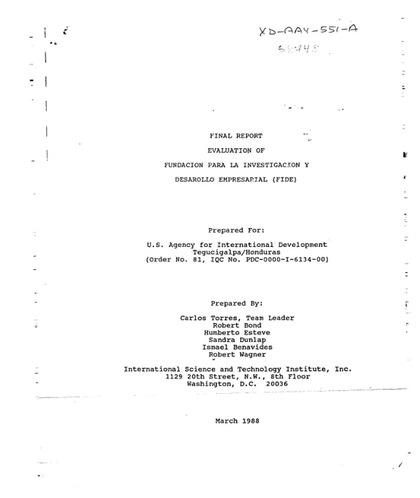 Final report : evaluation of Fundacion para la Investigacion y Desarrollo Empresarial (FIDE)