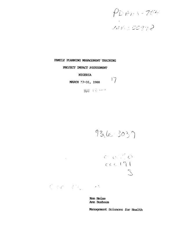 Family planning management training : project impact assessment -- Nigeria, March 17-31, 1988