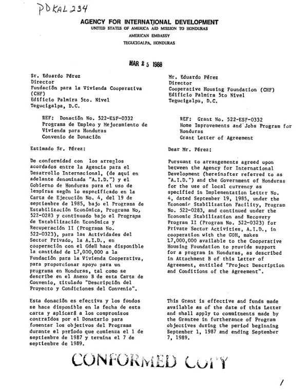 Home improvements and jobs program for Honduras : grant letter of agreement