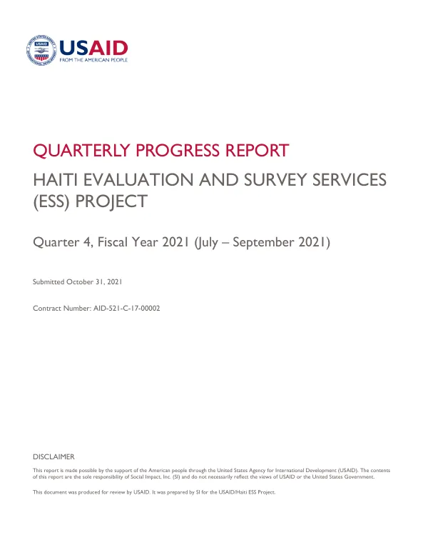 Haiti Evaluation and Survey Services (ESS) Project: Quarterly Progress Report (July – September 2021)