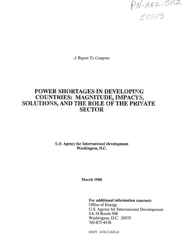 Power shortages in development countries : magnitude, impacts, solutions, and the role of the private sector