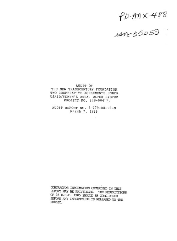 Audit of the New Transcentury Foundation two cooperative agreements under USAID/Yemen"s rural water system : project no. 279-004 [i.e. 279-0044]