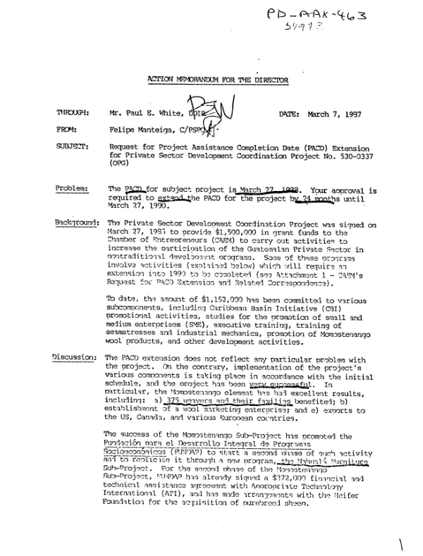 Request for project assistance completion date (PACD) extension for private sector development coordination project no. 530-0337 [i.e. 520-0337] (OPG)