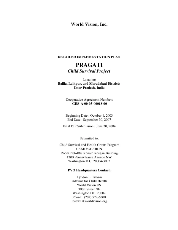 Detailed implementation plan : PRAGATI [protecting and advancing gains] child survival project