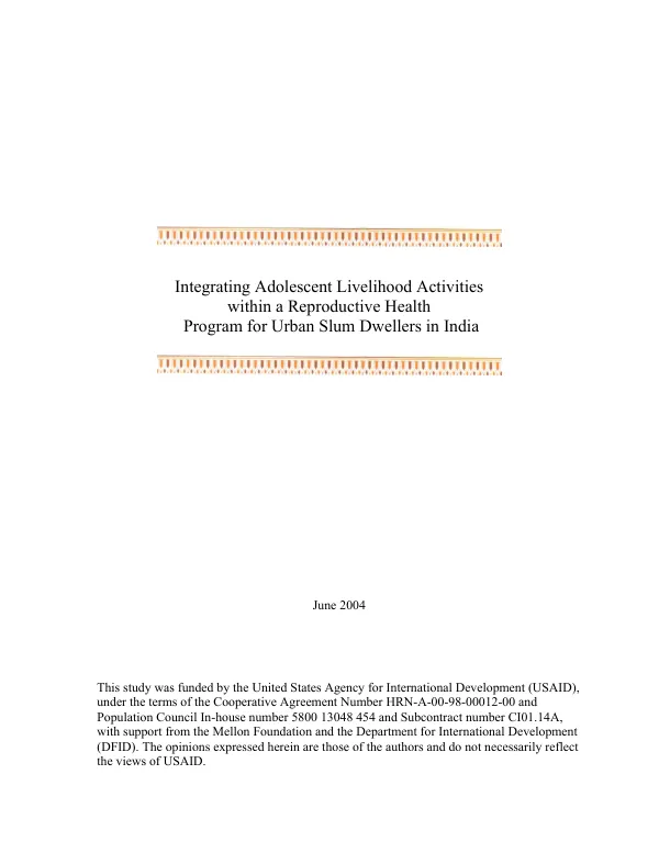 Integrating adolescent livelihood activities within a reproductive health program for urban slum dwellers in India