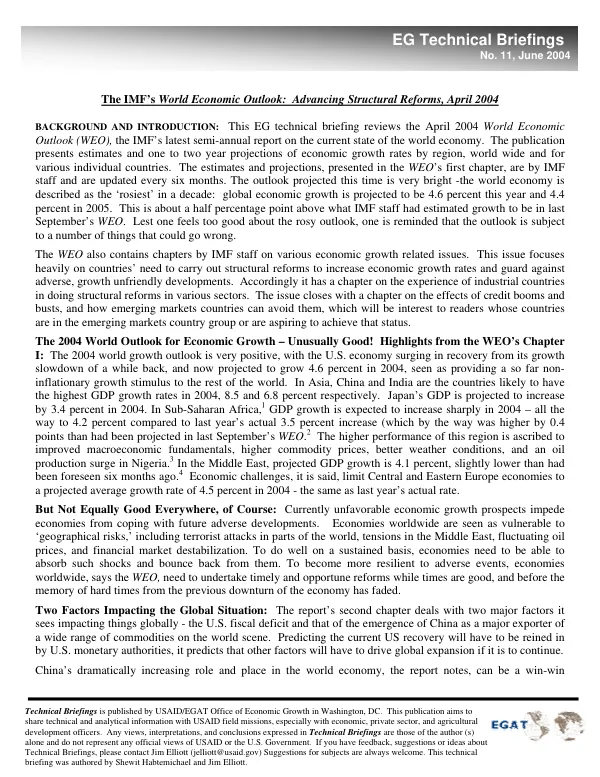 The IMF"s world economic outlook : advancing structural reforms, April 2004