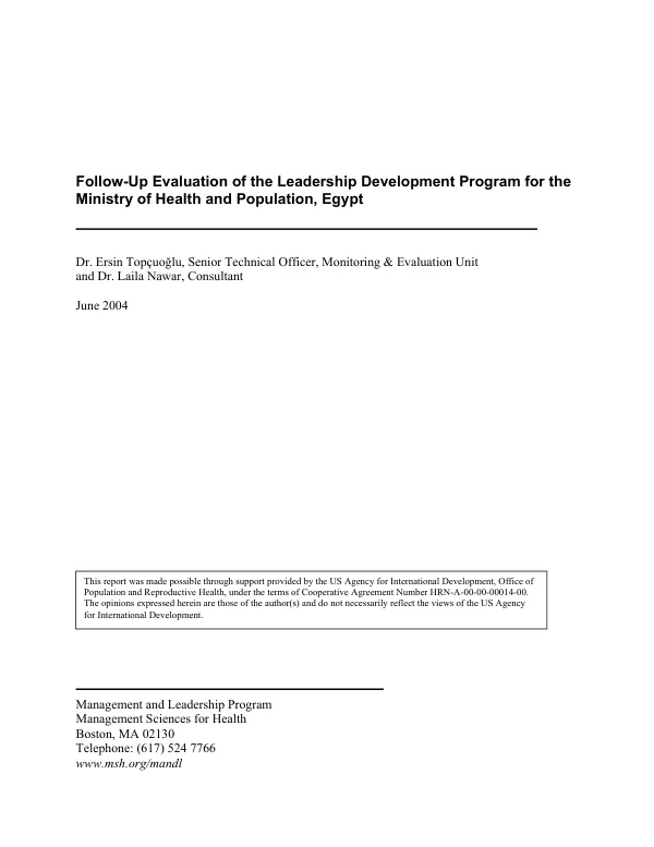 Follow-up evaluation of the leadership development program for the Ministry of Health and Population, Egypt