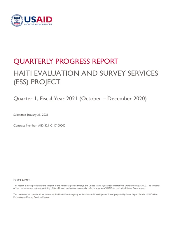 Haiti Evaluation and Survey Services (ESS) Project: Quarterly Progress Report (October – December 2020)