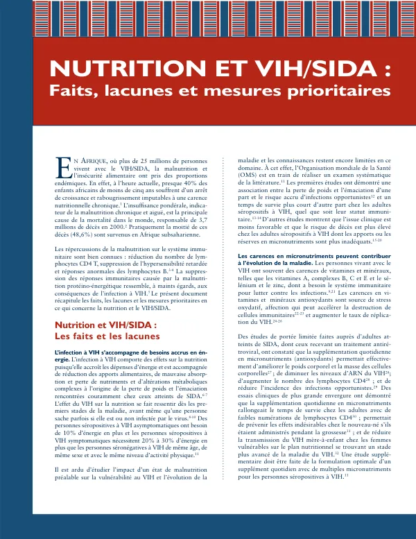 Nutrition et VIH/SIDA : faits, lacunes et mesures prioritaires