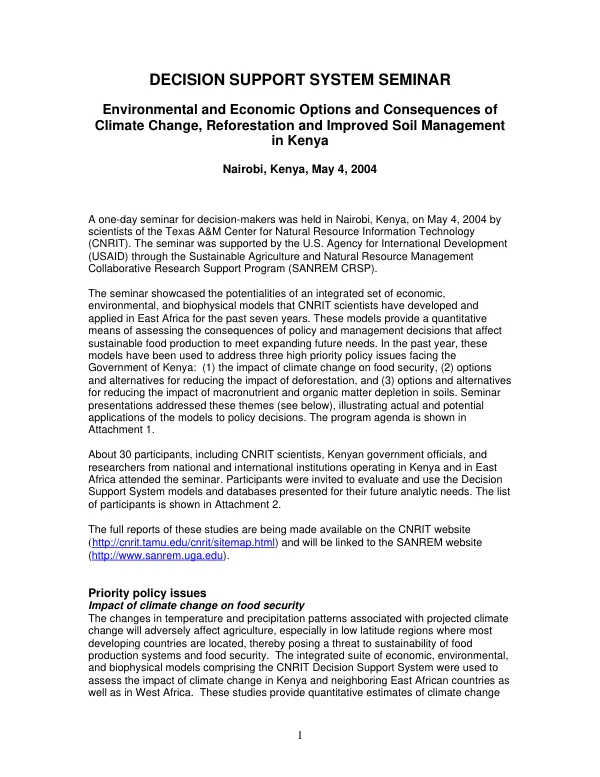 Decision support system seminar : environmental and economic options and consequences of climate change, reforestation and improved soil management in Kenya