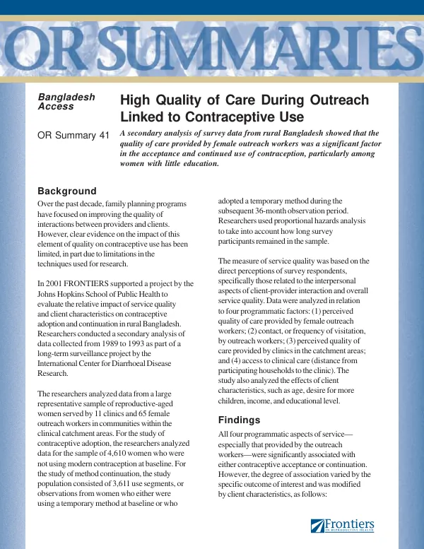 High quality of care during outreach linked to contraceptive use