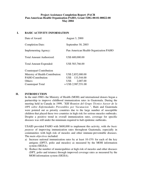 Project assistance completion report (PACR) : Pan-American Health Organization (PAHO) -- grant 520G-00-01-00022-00 [i.e. 520-G-00-01-00022-00]