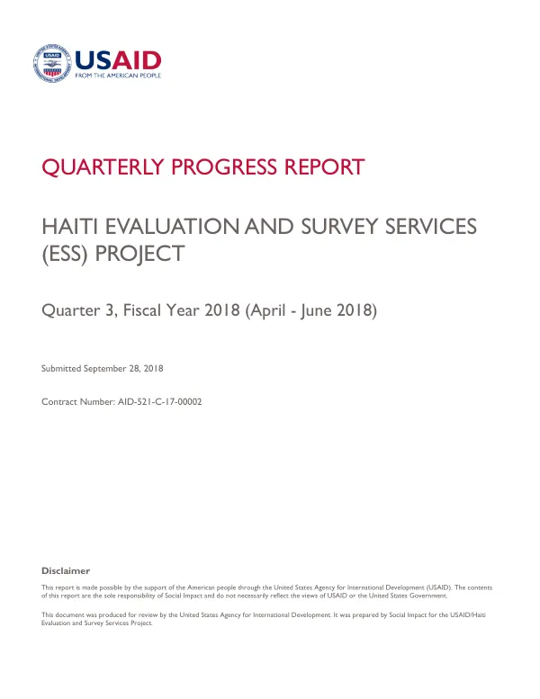 Haiti Evaluation and Survey Services (ESS) Project: Quarterly Progress Report (April – June 2018)
