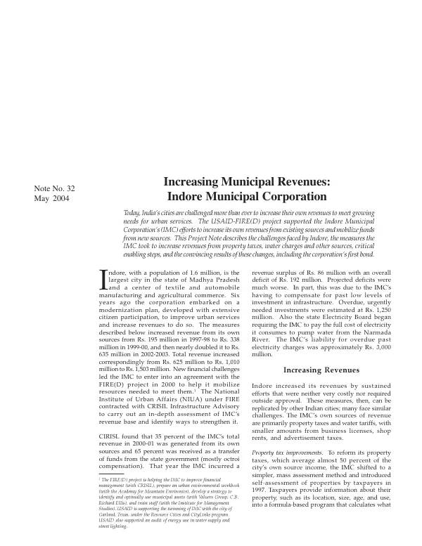Increasing municipal revenues : Indore Municipal Corporation (IMC)[, India]