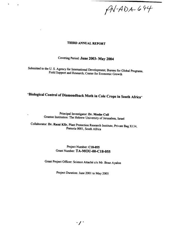 Third annual report covering period June 2003-May 2004 : biological control of diamondback moth in cole crops in South Africa