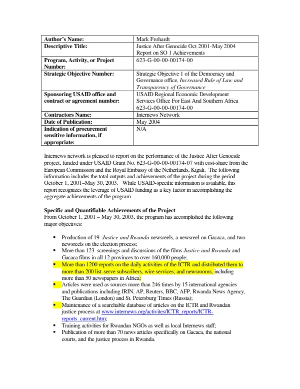 Justice after genocide, October 2001-May 2004 : report on SO1 achievements [-- Internews final report for 623-G-00-00-00174-07]