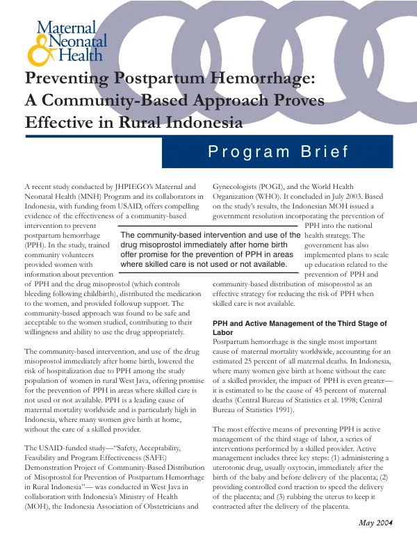 Preventing postpartum hemorrhage : a community-based approach proves effective in rural Indonesia