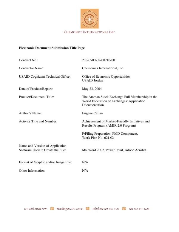 Amman Stock Exchange full membership in the World Federation of Exchanges : application documentation -- final report