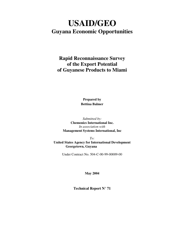 Rapid reconnaissance survey of the export potential of Guyanese products to Miami