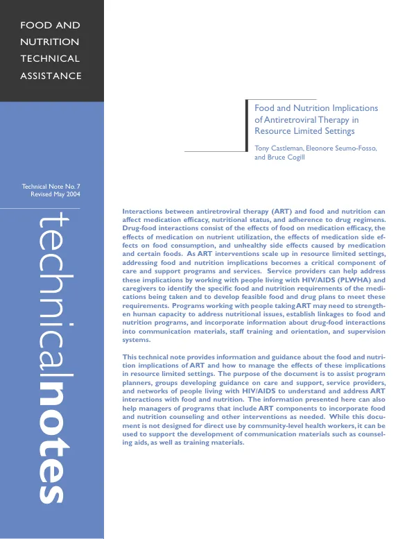 Food and nutrition implications of antiretroviral therapy in resource limited settings [revised edition]