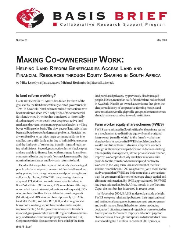 Making co-ownership work : helping land reform beneficiaries access land and financial resources through equity sharing in South Africa