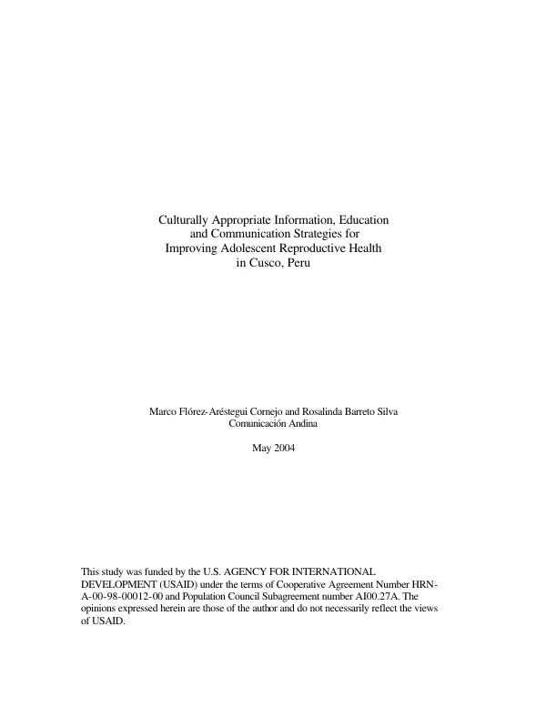 Culturally appropriate information, education and communication [IEC] strategies for improving adolescent reproductive health in Cusco, Peru