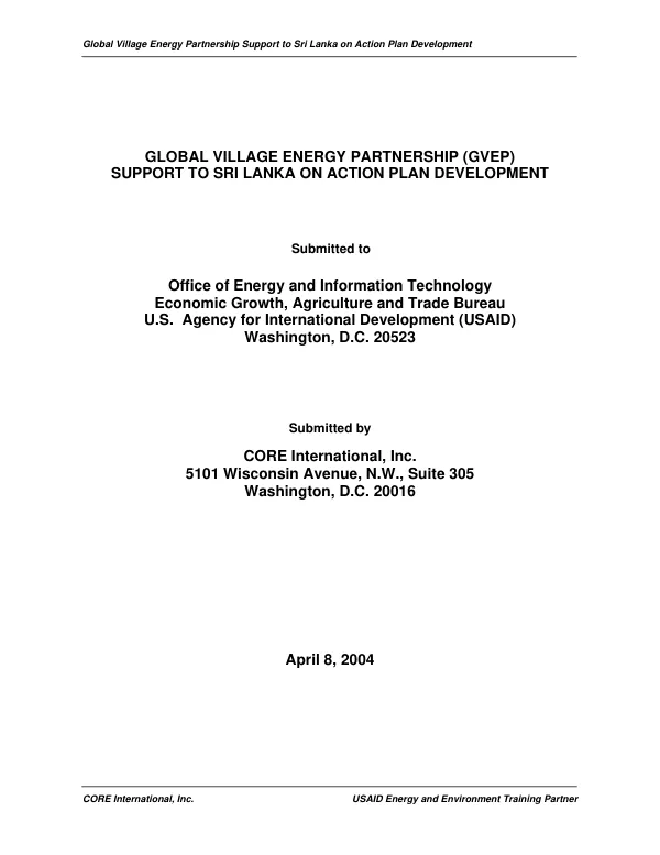 Global village energy partnership (GVEP) support to Sri Lanka on action plan development