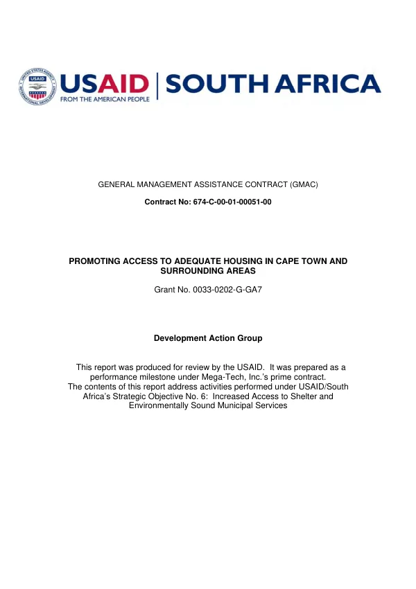 Promoting access to adequate housing in Cape Town and surrounding areas [: final report]