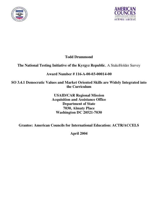 National testing initiative of the Kyrgyz Republic : a stakeholder survey