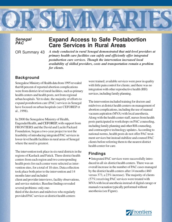 Expand access to safe postabortion care services in rural areas