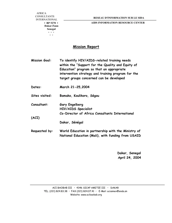 Report on HIV/AIDS training needs assessment