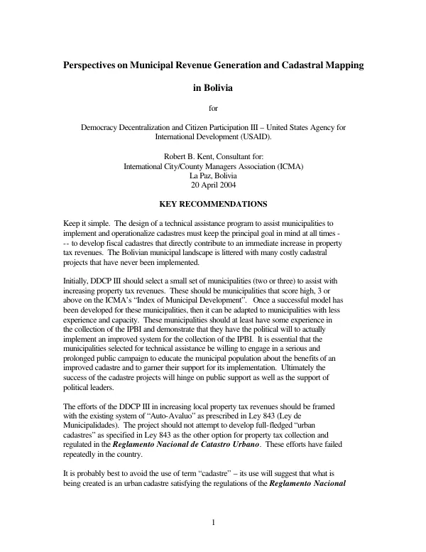 Perspectives on municipal revenue generation and cadastral mapping in Bolivia