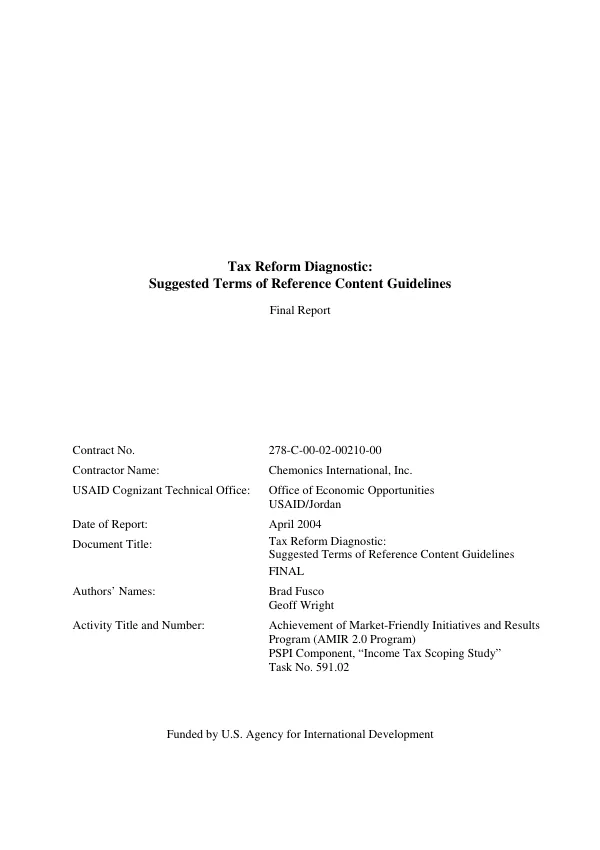 Tax reform diagnostic : suggested terms of reference content guidelines -- final report