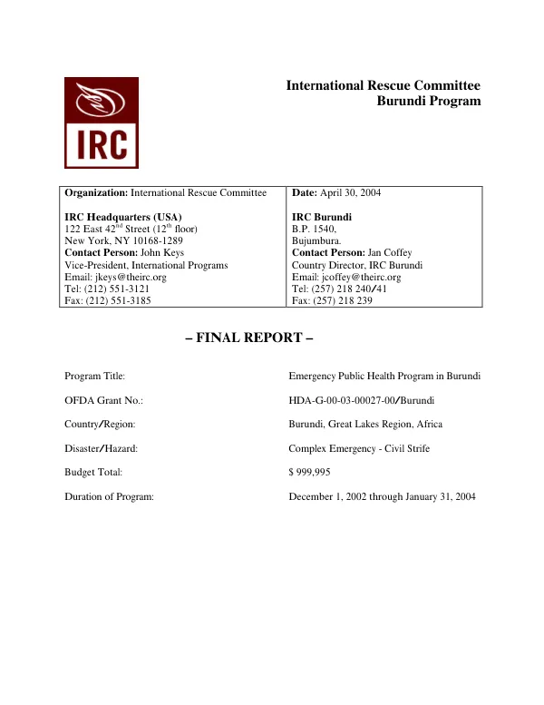International Rescue Committee : Burundi program, emergency public health program in Burundi -- final report