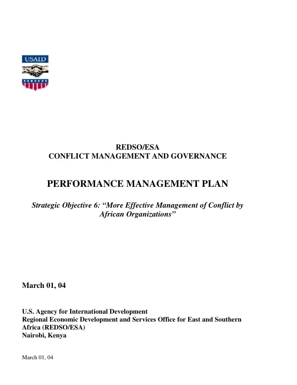 REDSO/ESA conflict management and governance : performance management plan strategic objective 6 : "More effective management of conflict by African organizations"
