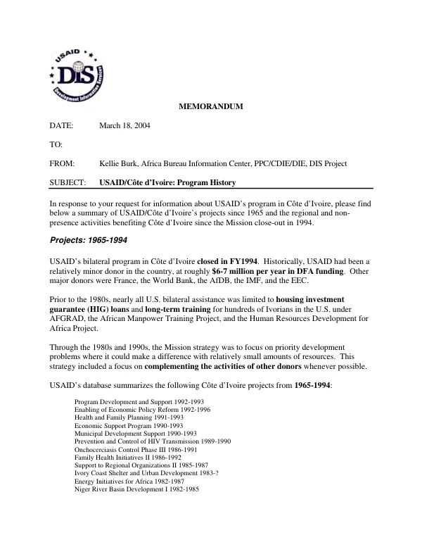 USAID/Cote d"Ivoire : program history